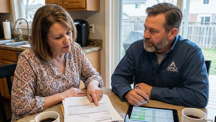 Homeowner reviewing roofing quotes with a contractor