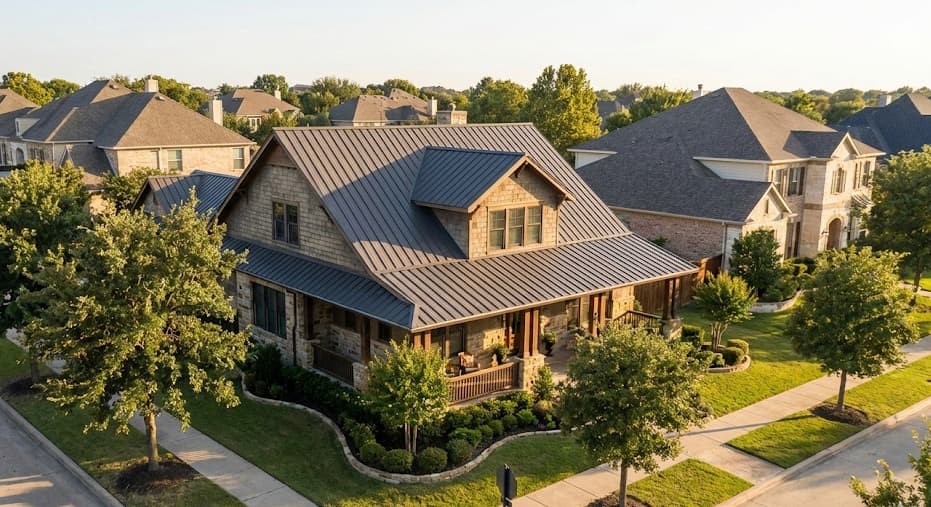 Residential roofing team working on a home