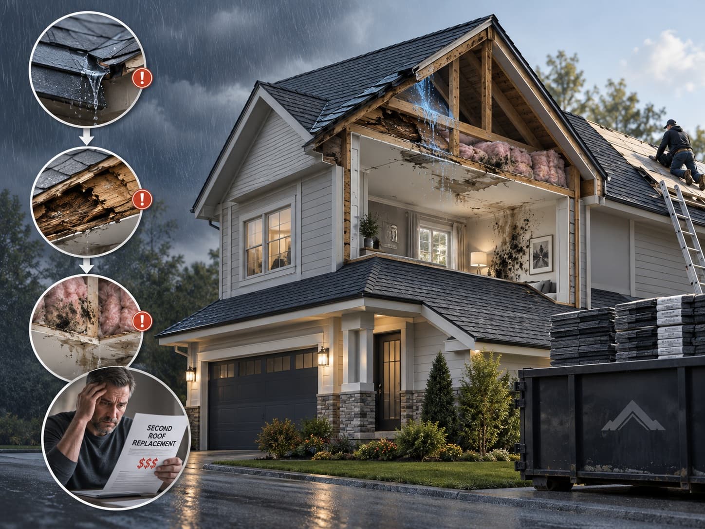 A rain-soaked house cut open to show what a failed roof does: water leaking in at the roof edge, sheathing rotted through, mould spreading across the insulation and interior walls, and a homeowner holding a bill for a second roof replacement.