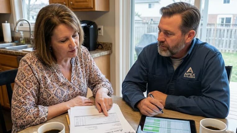 Homeowner reviewing roofing quotes with a contractor